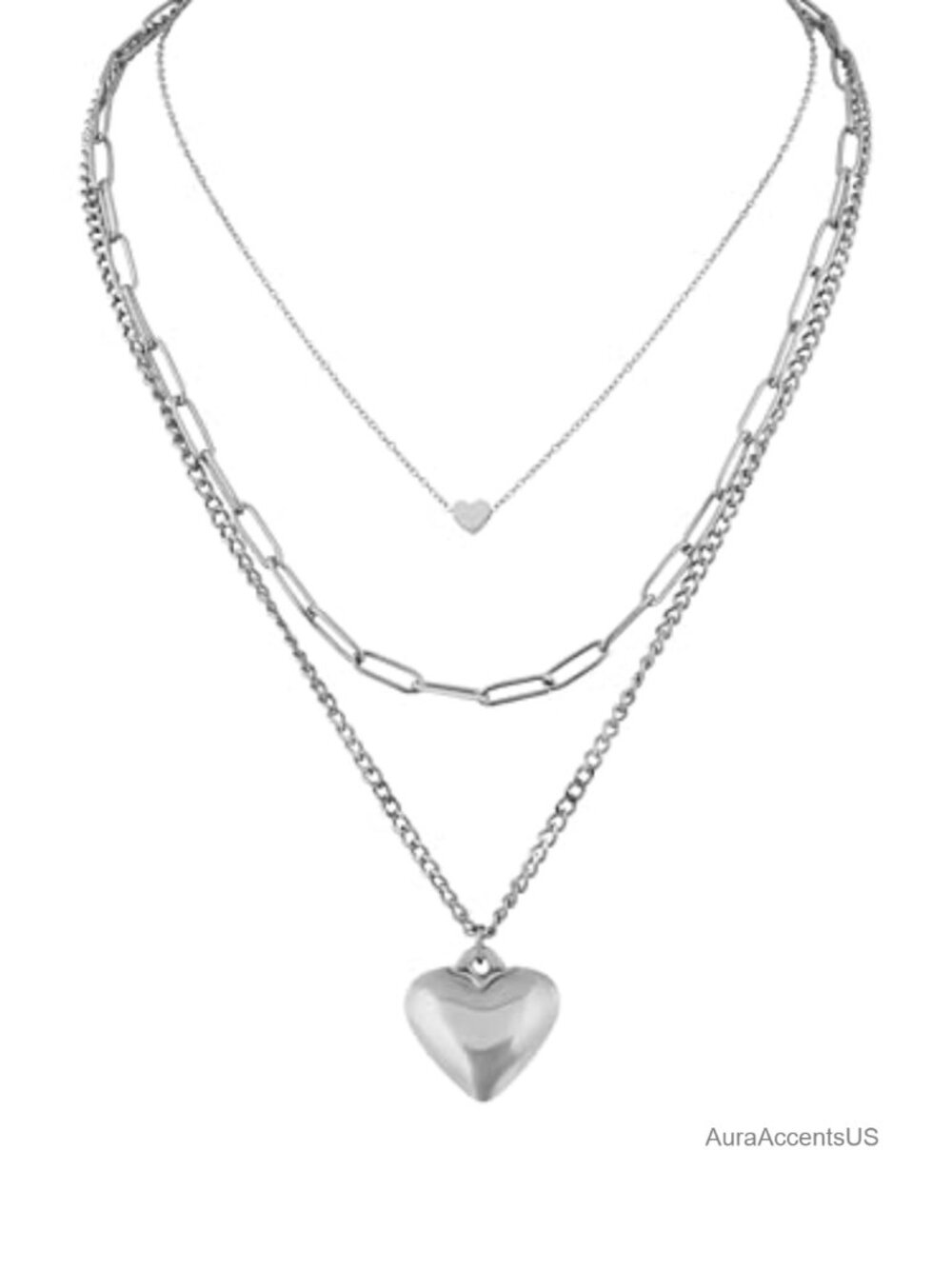 Gothic Layered Heart Pendant Necklace Stainless Steel Emo Punk Grunge Jewelry